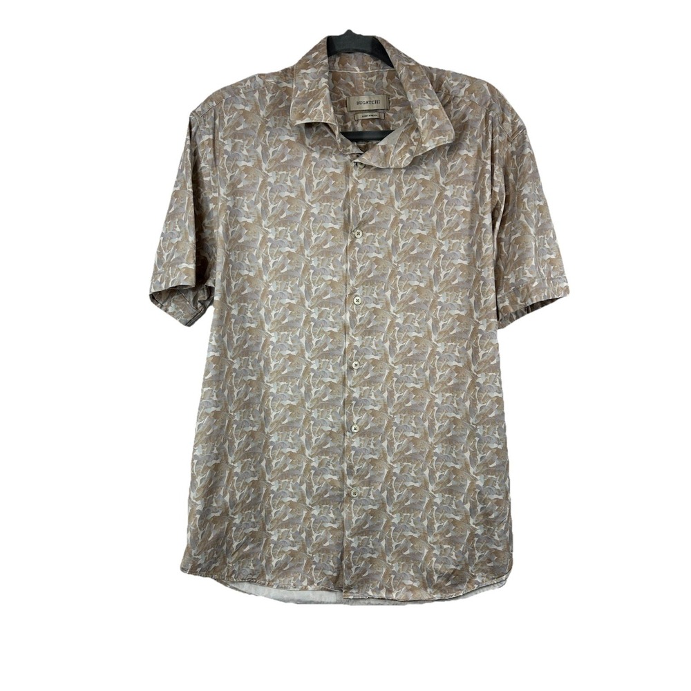 BUGATCHI 8-Way Stretch‎ Shirt L Feather Print Cotton Spandex Coastal Old Money